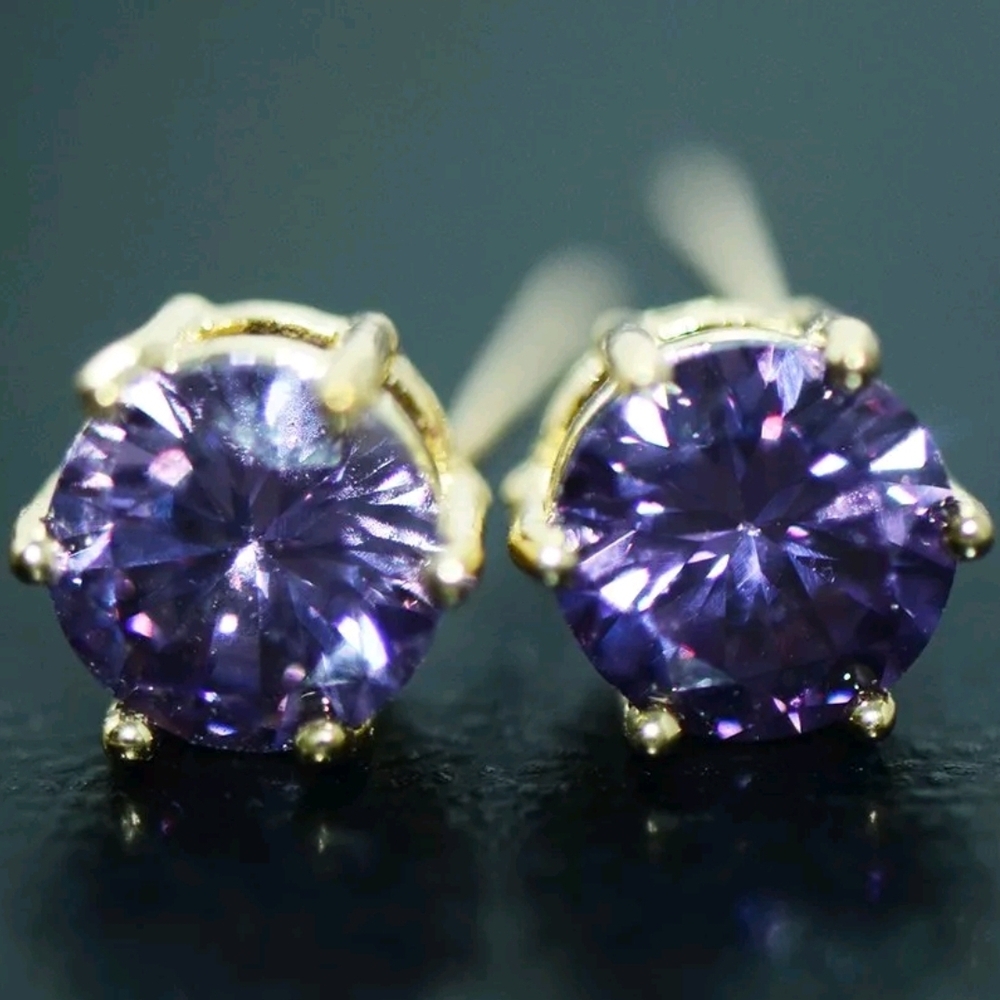 Lab Created Amathyst  Stud Earrings In  Gold Tone Stainless Steel